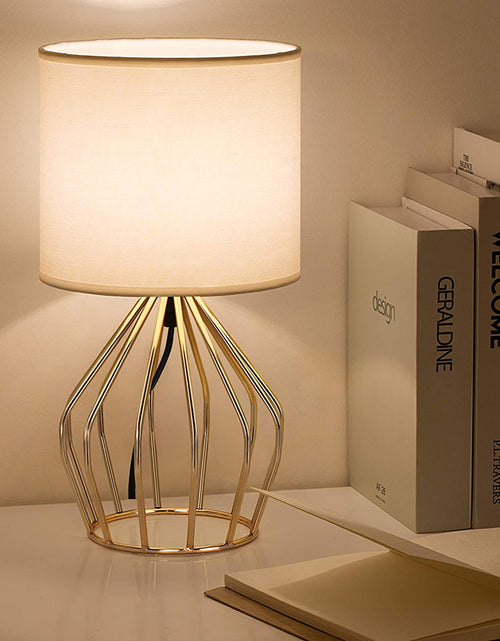 Load image into Gallery viewer, Gold Table Lamp - Modern Style Desk Lamp with Hollowed Out Base Linen Fabric Shade, Small Golden Bedside Lamp for Bedrooms, Living Room
