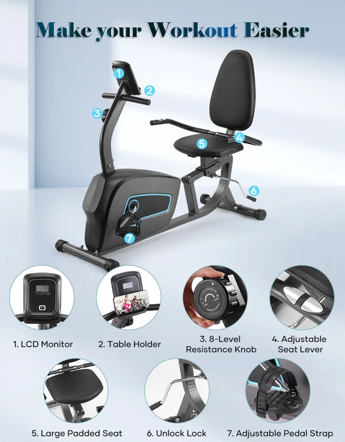 Load image into Gallery viewer, Exercise Bike Indoor Recumbent Exercise Bike Stationary with Adjustable Seat and 8 Resistance Level Seat Height Adjustment
