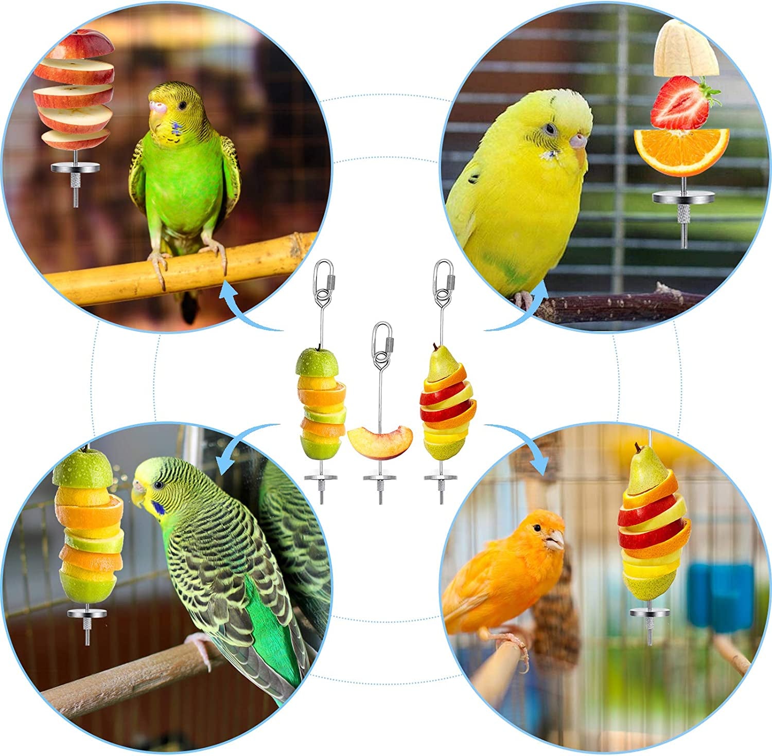 3Pcs Bird Food Holder, Bird Feeder Toy, Stainless Steel Small Animal Fruit Vegetable Stick Skewer, Foraging Hanging Food Feeding Treating Tool for Parrots Cockatoo Cockatiel Cage